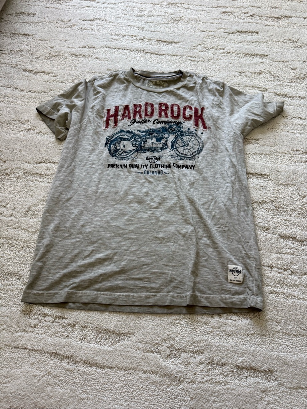 Hard Rock Cafe Gray Tee with Red Logo and Blue Motorcycle Graphic